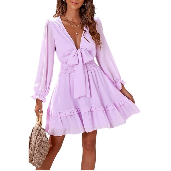 Dresses & Skirts - Elegant Lavender Pinky Long Sleeve Flowy Summer Dress